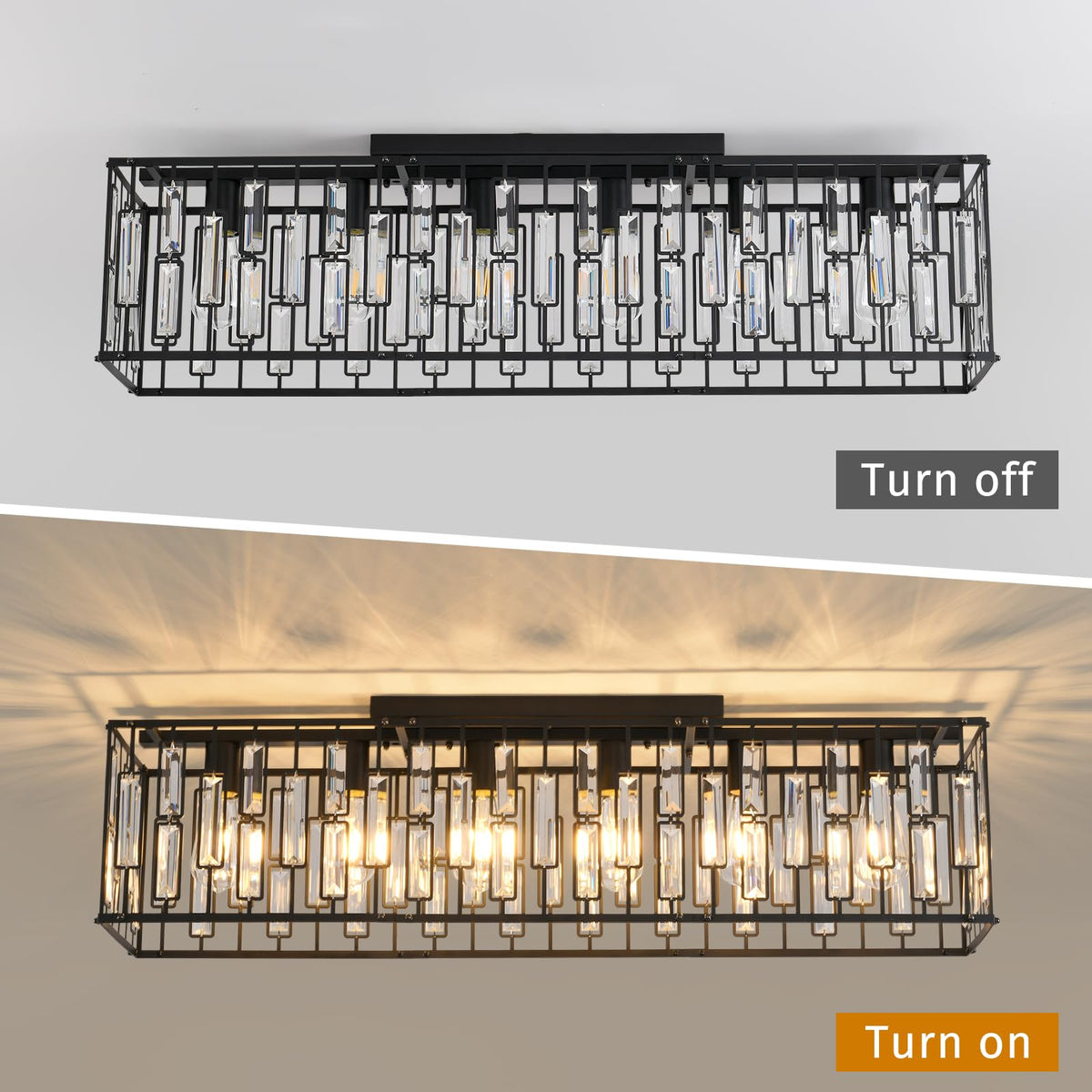 Garwarm 38.7 inch Modern Ceiling Light,6-Light Crystal Chandelier Black Rectangle Chandeliers, Dining Room Light Fixture Flush Mount for Living Room Kitchen Island Bar