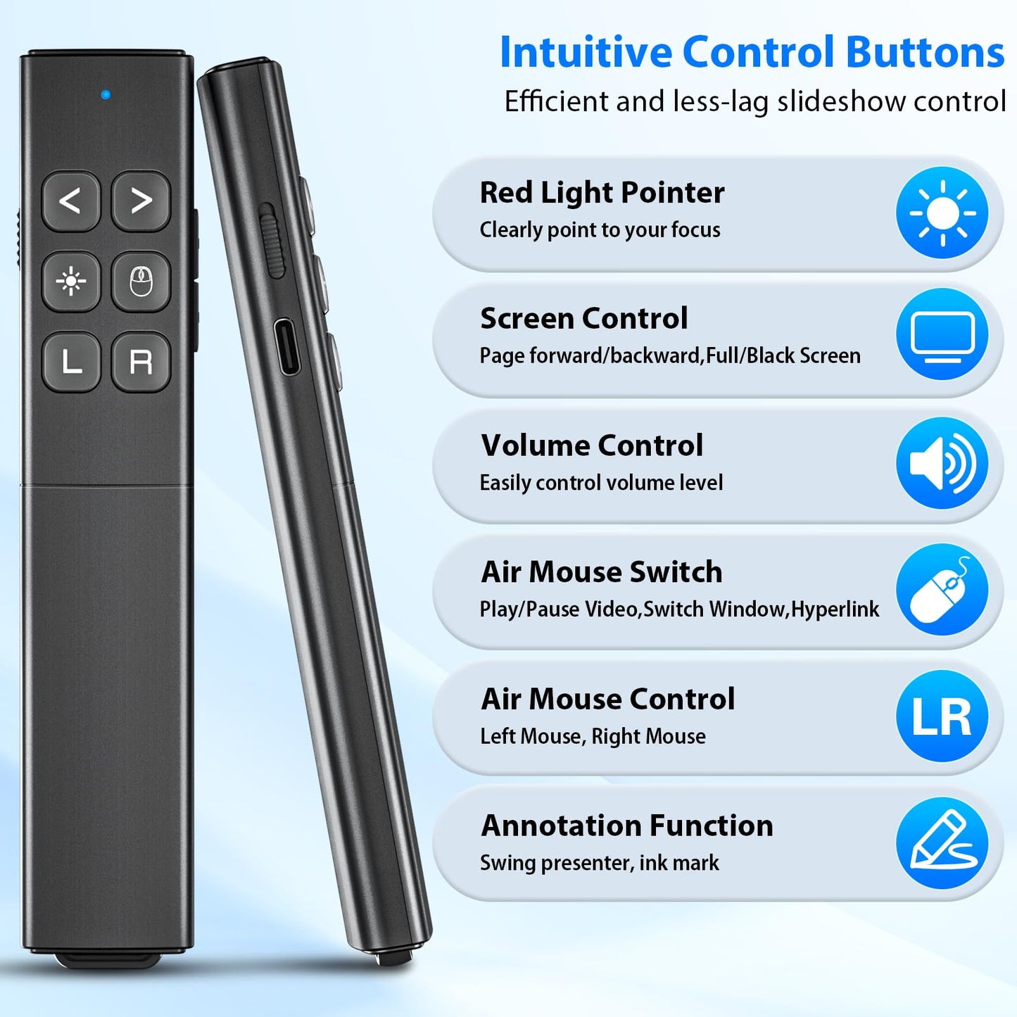 Presentation Clicker with Air Mouse - USB C Wireless Presenter Remote Clicker with Light Pointer, PowerPoint Clicker for Presentation, Computer Pointer Clicker Slide Advancer for Mac,Laptop, Black