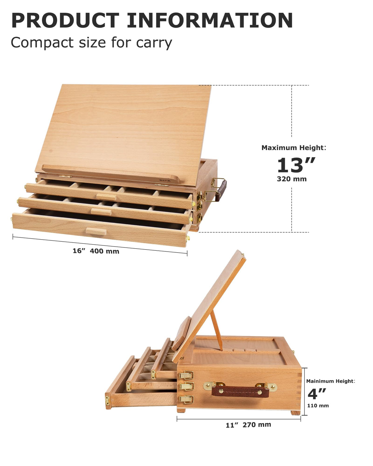 DJAR Tabletop Easel for Painting with 3 Drawer Storage, Adjustable Portable Beechwood Desktop Easel Sketchbox, Art Painting Stand for Adults, Students