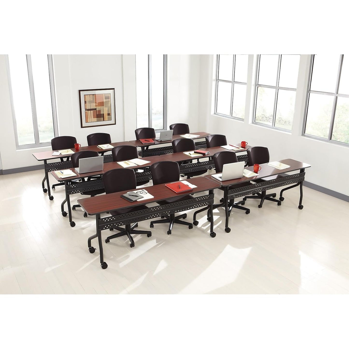 Iceberg OfficeWorks Premium Mobile Training Table – 72” Rectangular Desk with Locking Wheels, Mahogany Top & Black Frame – Rolling Conference Table for Offices, Classrooms, or Workspaces