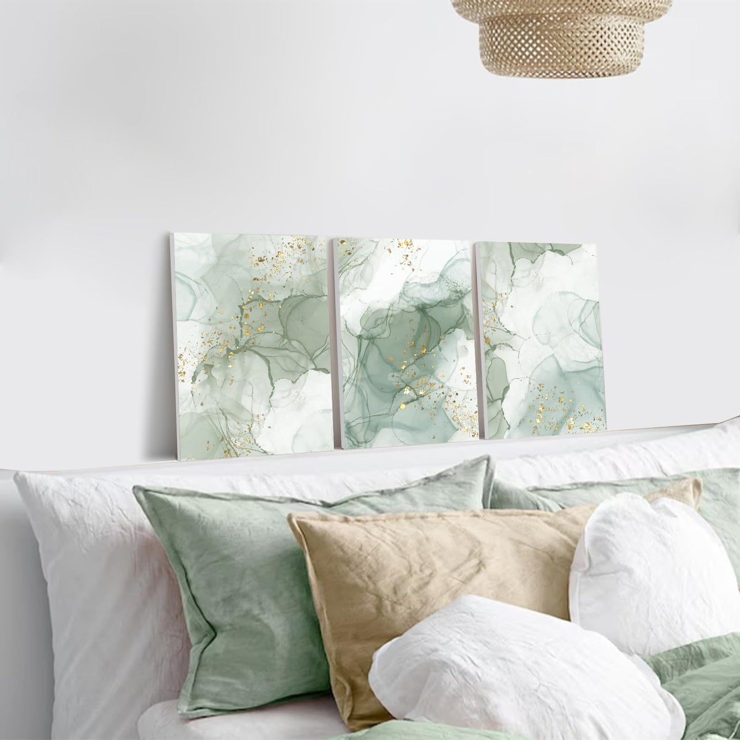 Sage Green Wall Art Set of 3,Abstract Green Wall Decor Living Room,Minimalist Modern Framed Wall Art Marble Line Beige Gold Green Canvas Artwork Paintings,Boho Room Decor,Bedroom Bathroom Office Artwork,12"x16"