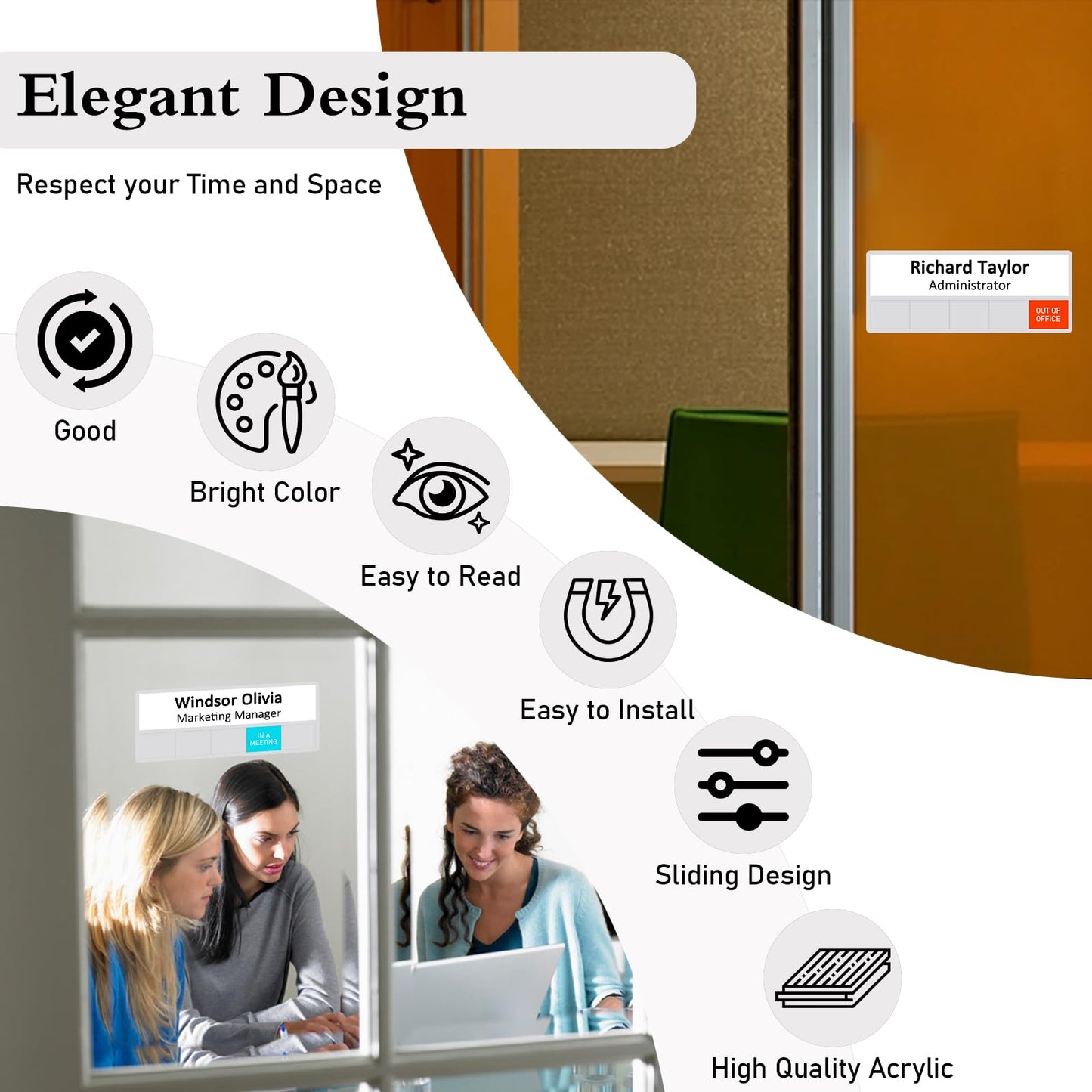 Office Status Sign With 5 Options, Do Not Disturb/Please Knock/In A Meeting/Out of Office/Working Remotely, Magnetic Slider Sign for Any Room,Name Plate For Desk/Doors/Cubicle Wall With Stand-Silver