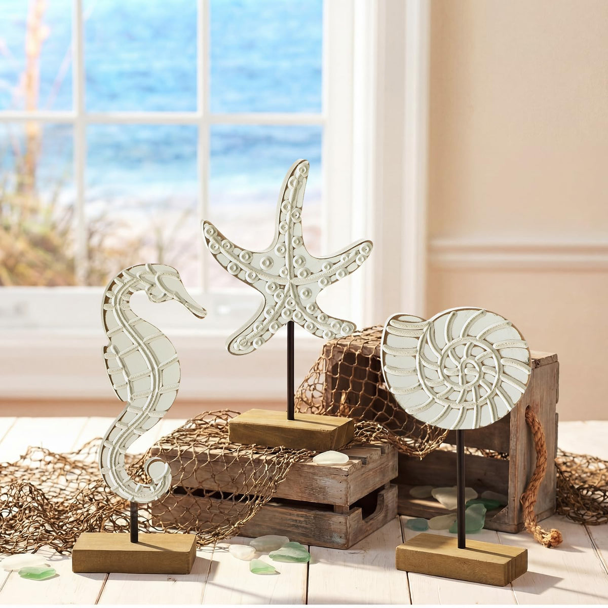 Leinuosen 3 Pcs Wooden Beach Ocean Table Decor White Neutral Coastal Table Centerpiece Rustic Decorative Wood Nautical Figurines Sea Life Starfish Conch Seahorse Statue for Ocean Beach Home Decor