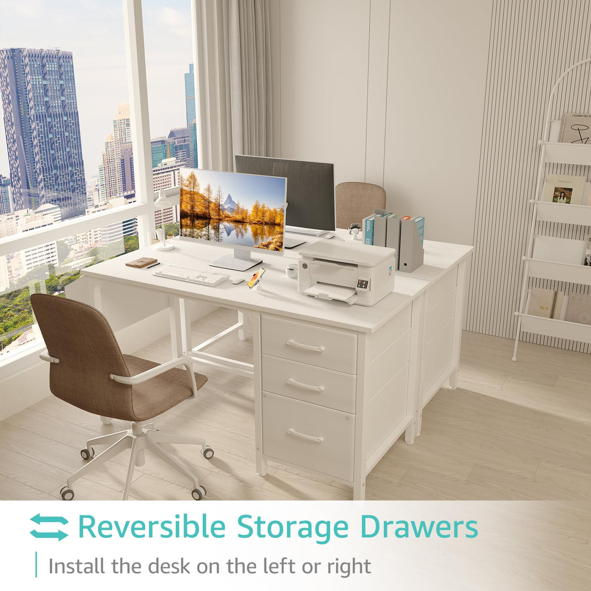 Lufeiya White Desk with File Drawers Cabinet, 47 Inch Reversible Computer Desk with Fabric Filing Cabinet for Bedroom Small Space Home Office, Modern Writing Table PC Desks, White