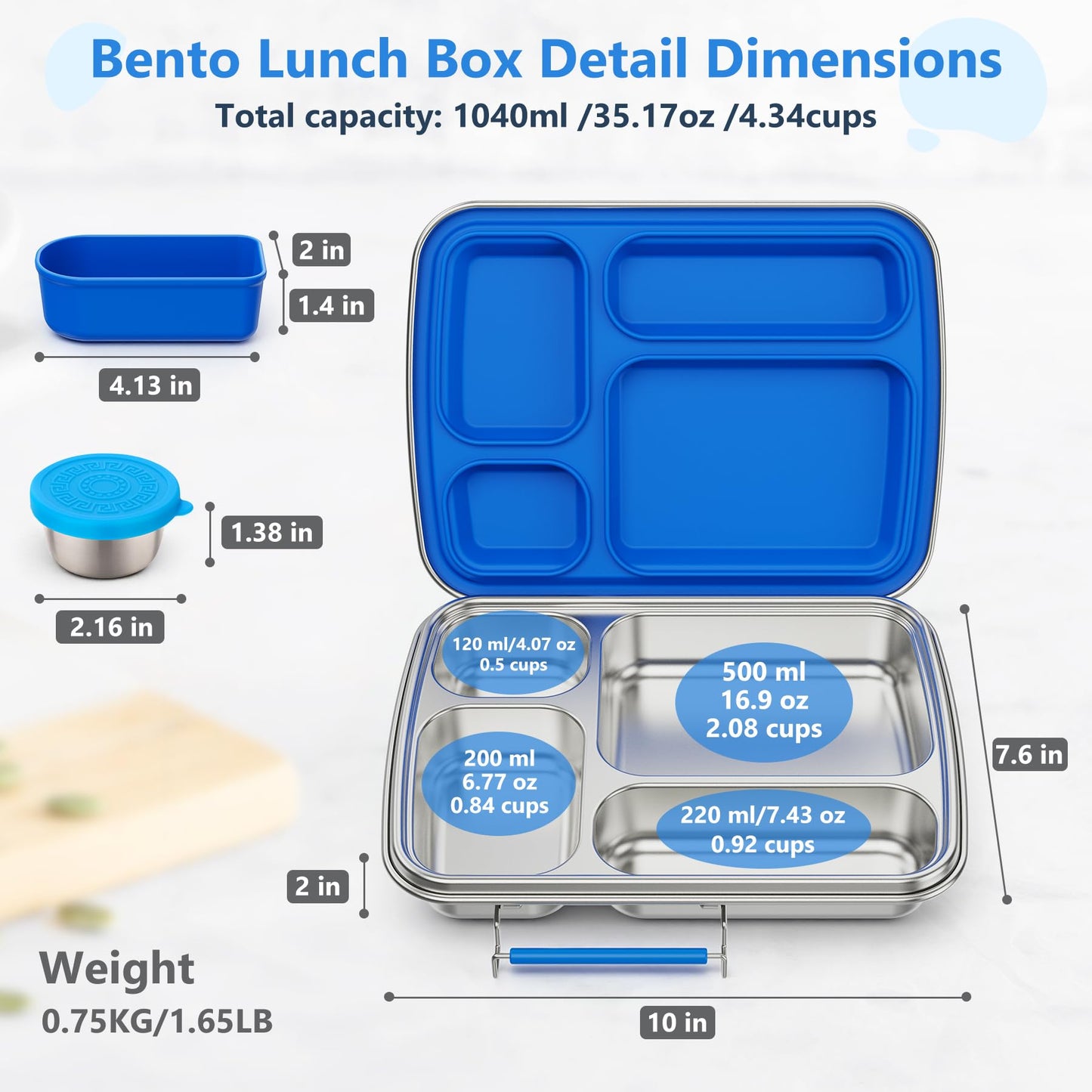 Zeekala Stainless Steel Bento Lunch Box for Kids & Adults, 4 Compartment Kids Lunch Box, Metal Bento Box with Silicone Container and Stainless Steel Sauce Container,BPA-Free,School,Office(Blue)