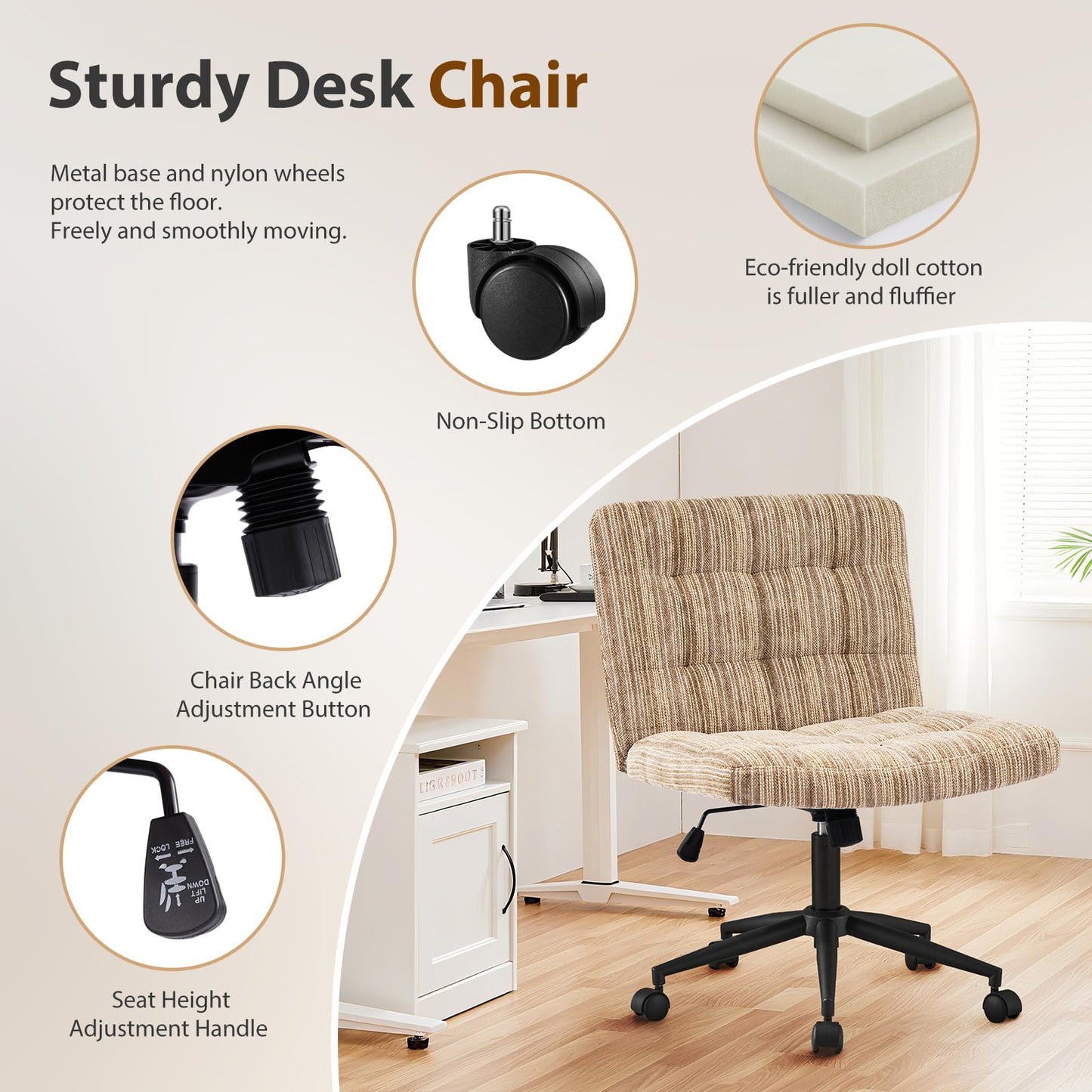 Furnimart 360° Swivel Criss Cross Desk Chair Extra-Thick Cushion, Premium Chenille Cross Legged Chair with Wide Seat & Wheels, Comfy Armless Home Office Chair for Bedroom, Vanity, Sturdy (Light Brown)