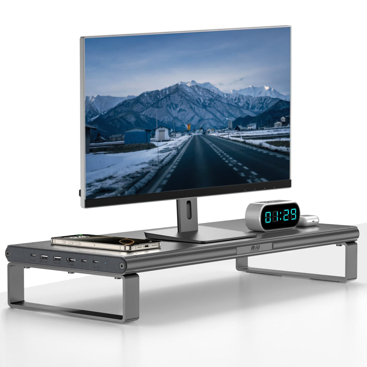 JINRAIKO Monitor Stand with Docking Station, Aluminum Monitor Riser with 6-in-1 Docking Station: 4K HDMI, USB-C, USB 3.0, PD 100W, Wireless Charging,Metal Desk Stand with Storage-Silver Gray