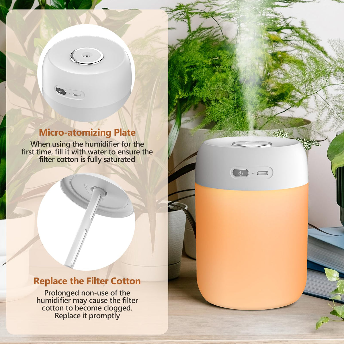 BAMCOO Portable Small Humidifier, 650ml Colorful Mini Humidifier for Bedroom, Office Desktop, Baby Room, Plants, Cool Mist Humidifiers(White)