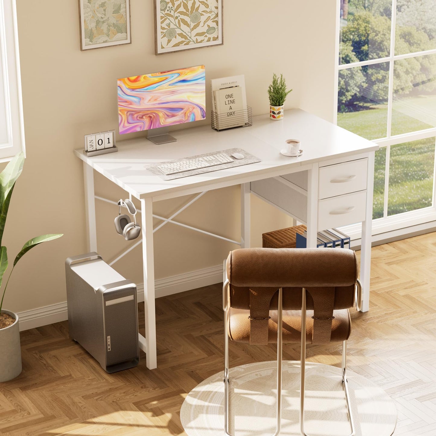 Sweetcrispy 47 Inch Computer Desk with Drawers, Home Office Gaming Desk with X-Shaped Reinforcement, Modern Wood Study Work Table with Side Hook, White