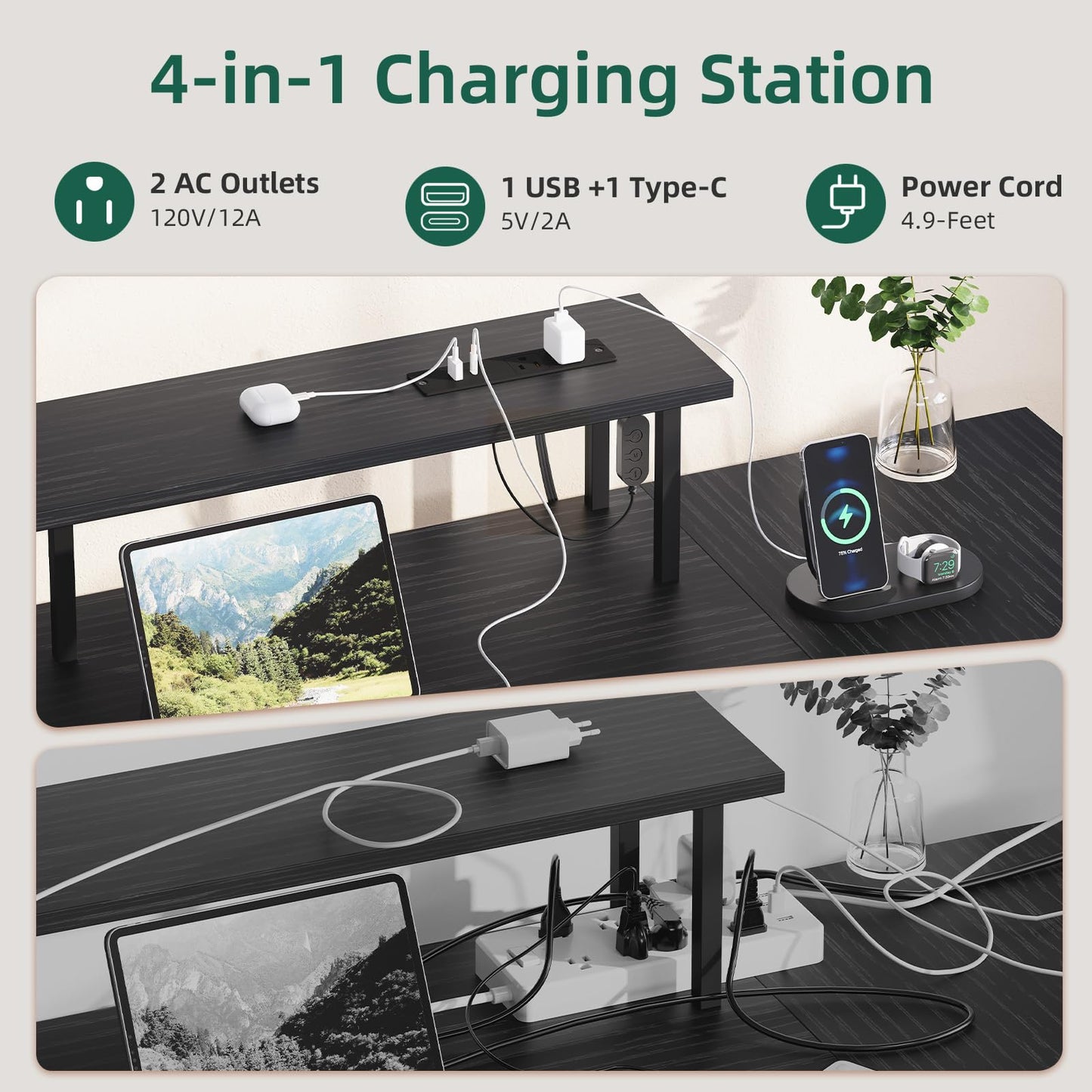 Somdot L Shaped Desk with 4 Drawers,61" Reversible Home Office Desks with Power Outlets,L Shaped Gaming Desk with USB Charging Port,Corner Desk with Storage Shelves,Easy to Assemble,Black