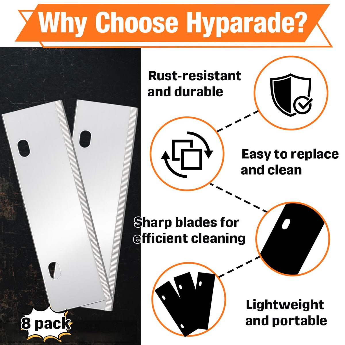 Hyparade 8-Pack Grill Scraper Blades Replacement - Stainless Steel Blades for Griddle & BBQ, Outdoor BBQ Tools & Accessories Blades Included