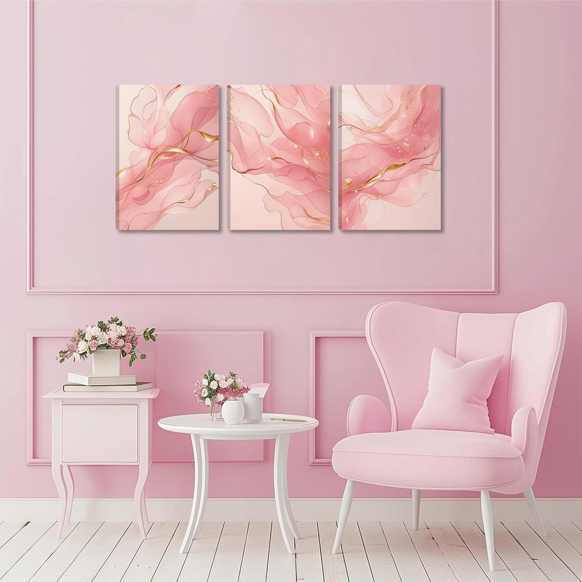 Fetyiu 3 Piece Pink Canvas Wall Art Pink And Gold Abstract Art Prints Modern Minimalist Pictures Wall Decor Marble Paintings Artwork for Living Room Bedroom Bathroom Office 12x16in Framed