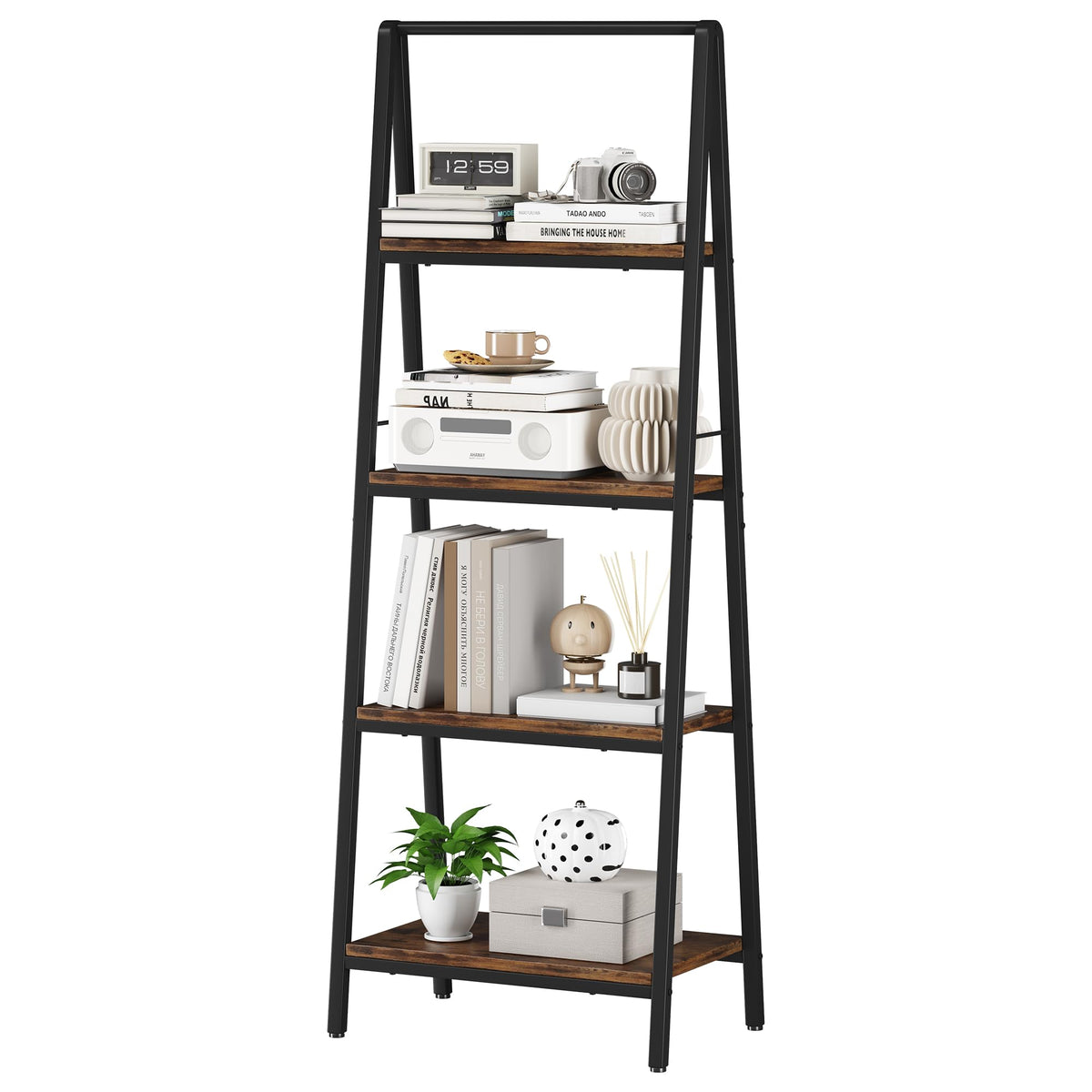 Homeiju Ladder Shelf, 4-Tier Leaning Ladder Bookshelf, Rustic and Wood Ladder Shelf Bookcase, Industrial Ladder Shelf Storage Rack for Home Office, Bedroom, Bathroom or Kitchen