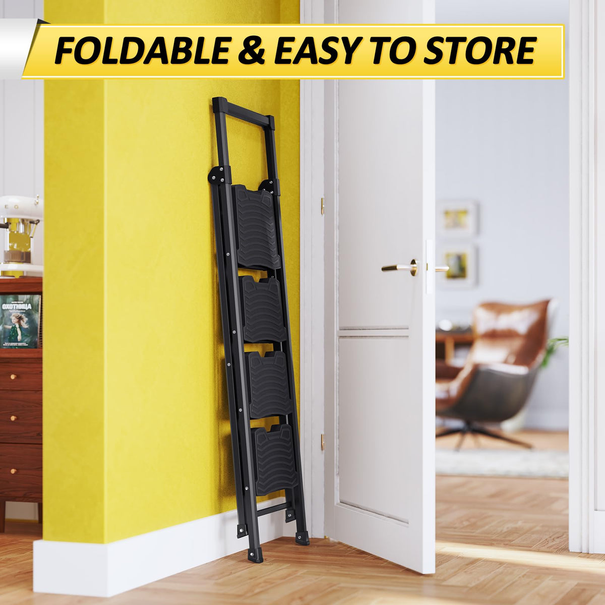 KINGRACK Step Ladder 4 Step Folding, 900lbs 4 Step Ladder with Anti-Slip Wide Pedal and Handrails, Lightwight Household Ladder, Pass 900LBS Testing, for Your Kitchen, Pantry, Closets, Office Use