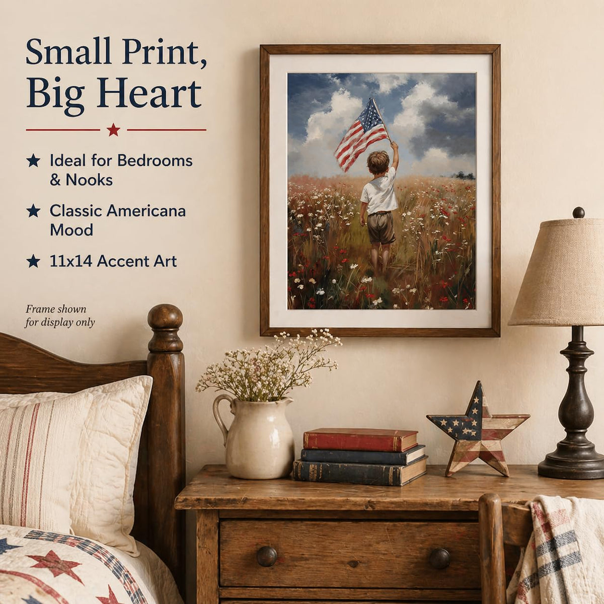 America the Beautiful Painting-11x14 Unframed Poster- Boy Holding American Flag in Meadow of Wildflowers, 4th of July Living Room or Kids Room Decor, USA Freedom Landscape, Youthful Patriotism Artwork