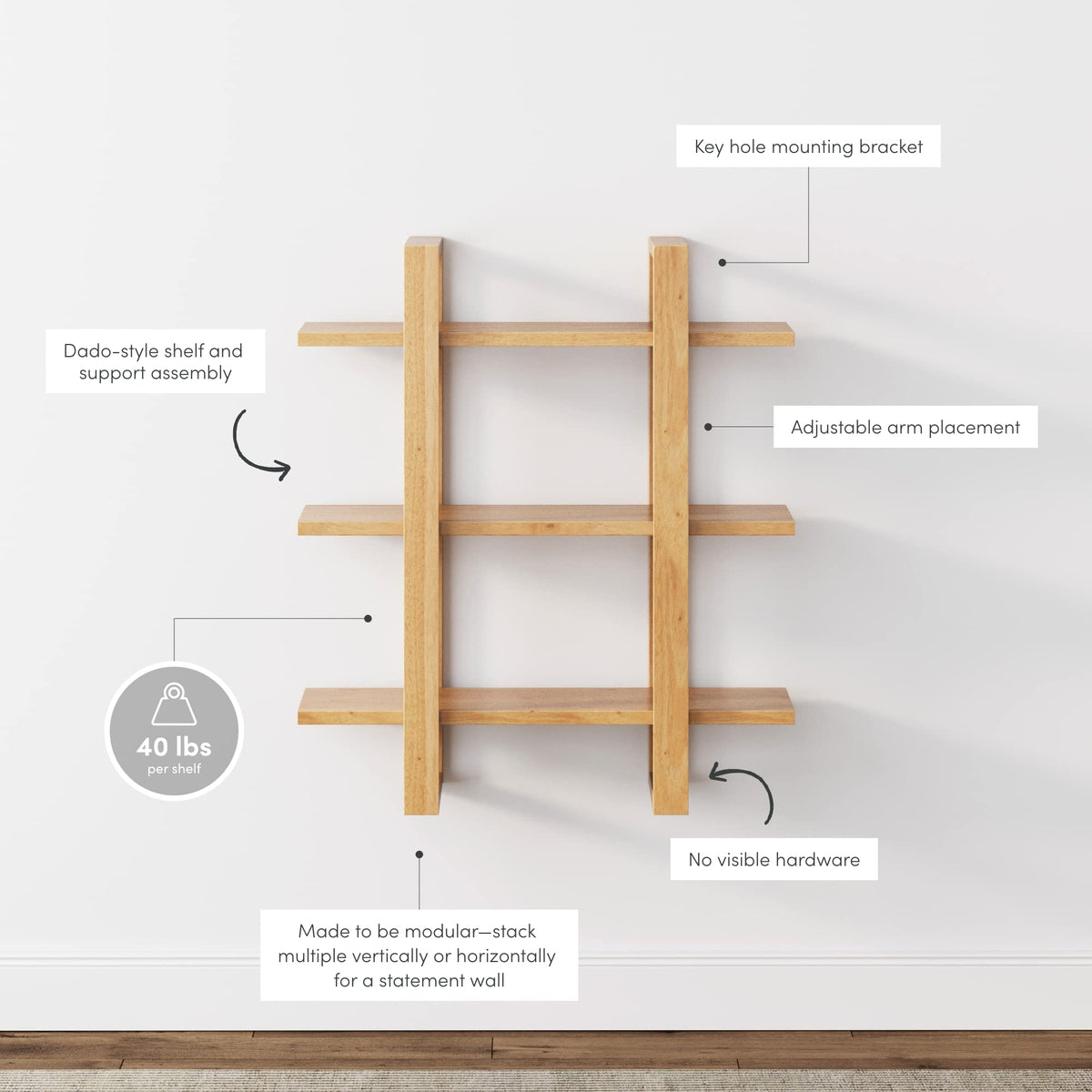 Nathan James Floating Wall Book Shelves, 3-Tier Display Shelf, Decorative Modular Shelf in Solid Wood for Bedroom, Nursery, Bathroom or Kitchen, Set of 2