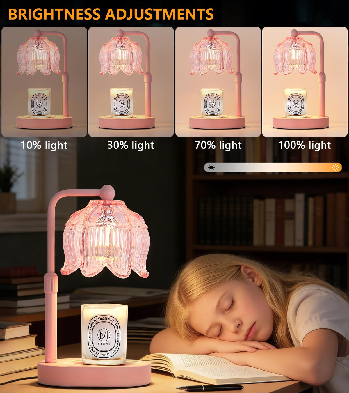 MEIXISUE Pink Flower Candle Warmer Lamp with Timer Dimmer, Adjustable Height No Flame Wax Warmer for Jar Candles, Ideal Gifts for Mom Women, ‌Housewarming New Home Bedroom Decor with 2 Bulbs