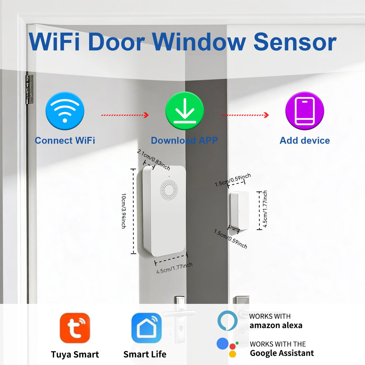 WARROXIDE WiFi Door Window Alarm, Smart Contact Sensor with APP Alerts & Sound Light Alarm, DIY Home Security System for House, Apartment, Office (Battery Not Included)