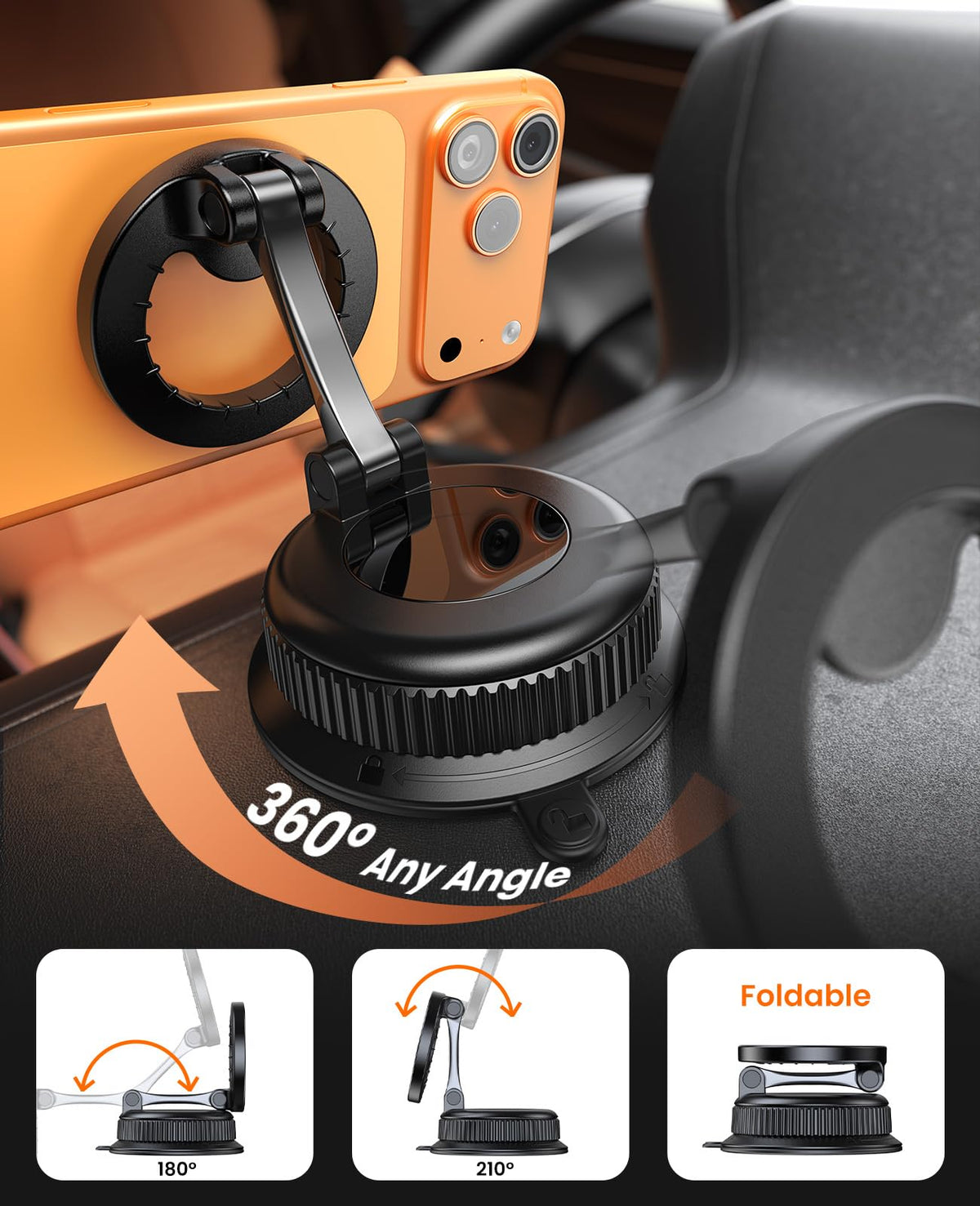 BOSILLEY Magnetic Car Phone Holder for MagSafe, Strong Suction Cup Car Phone Mount for Dashboard & Windshield, 360° Rotatable & Foldable, Adjustable Cell Phone Holder for Car, Fits iPhone 12–17 Series