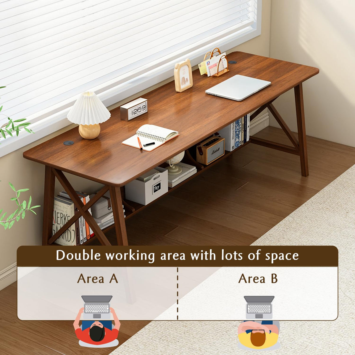 NELYE Extra Long Desk with Bookshelf - Wooden Home Office Work Study Table, 2-Person Writing Computer Workstation with Storage Shelf in Walnut, 63" Wx20 Dx30 H