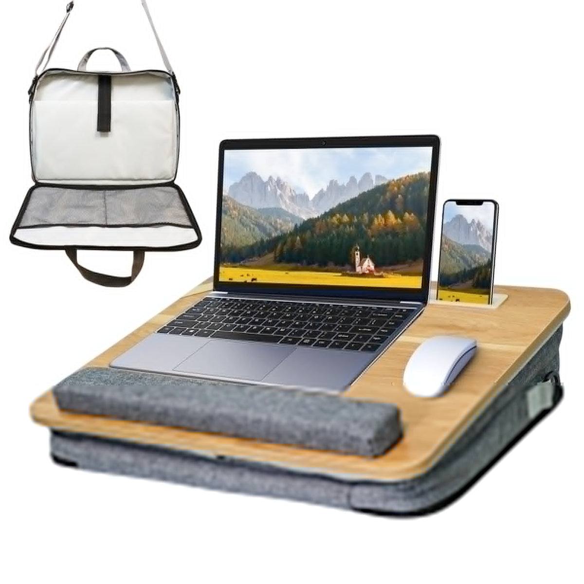 AMFIYQ Lap Desk for Laptop Stand with Cushion, Adults with Storage Fits Up to 15.6in, Combines Features Bag and Pillow Table by Travel, Portable Workstation for Home College Office(Light Brown)