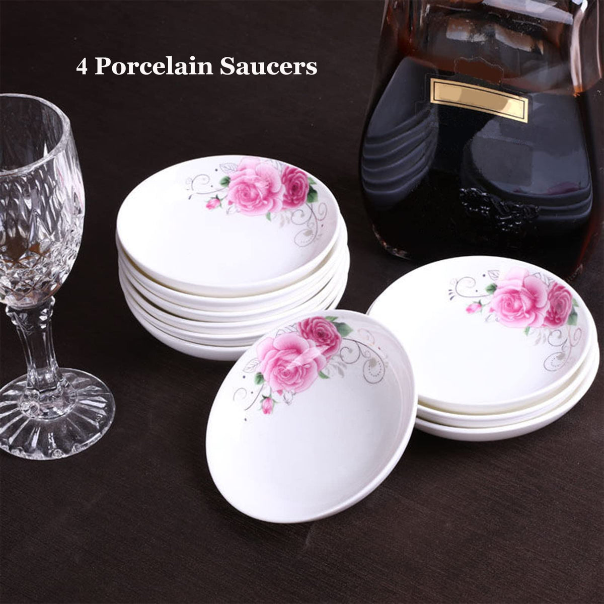 4-Pack Flower Pattern Ceramic Saucer Dishes, 4-Inch Side Dishes for Sushi, Snack, and Seasoning