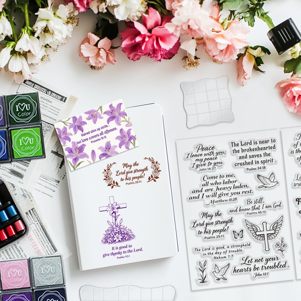 GLASSWINDS 6Pcs Christian Bible Verse Clear Stamps for Card Making Easter Blessing 20 Craft Ink Pad 3 Acrylic Stamp Block Silicone Stamp with Greeting Words Rubber Stamps for Crafting DIY Scrapbooking