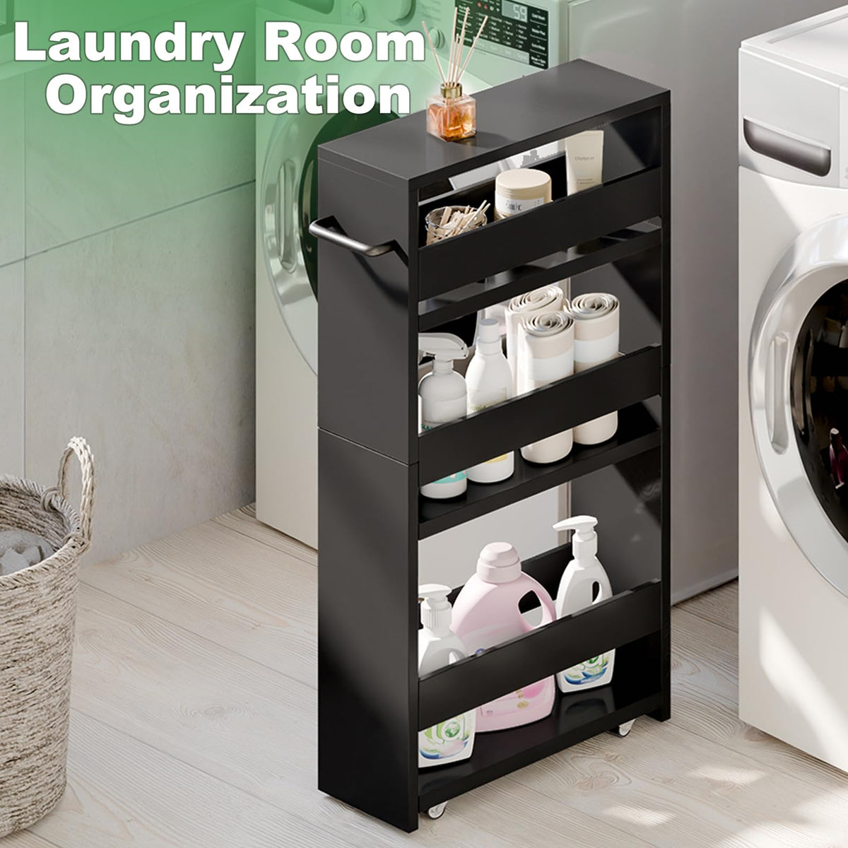MARTY Slim Rolling Storage Cart 4-Tier Kitchen Cart with Wheels, Laundry Room Storage with Handle Slide Out Utility Cart Shelving Unit Organizer Trolley for Narrow Places Bathroom Small Corner, Black