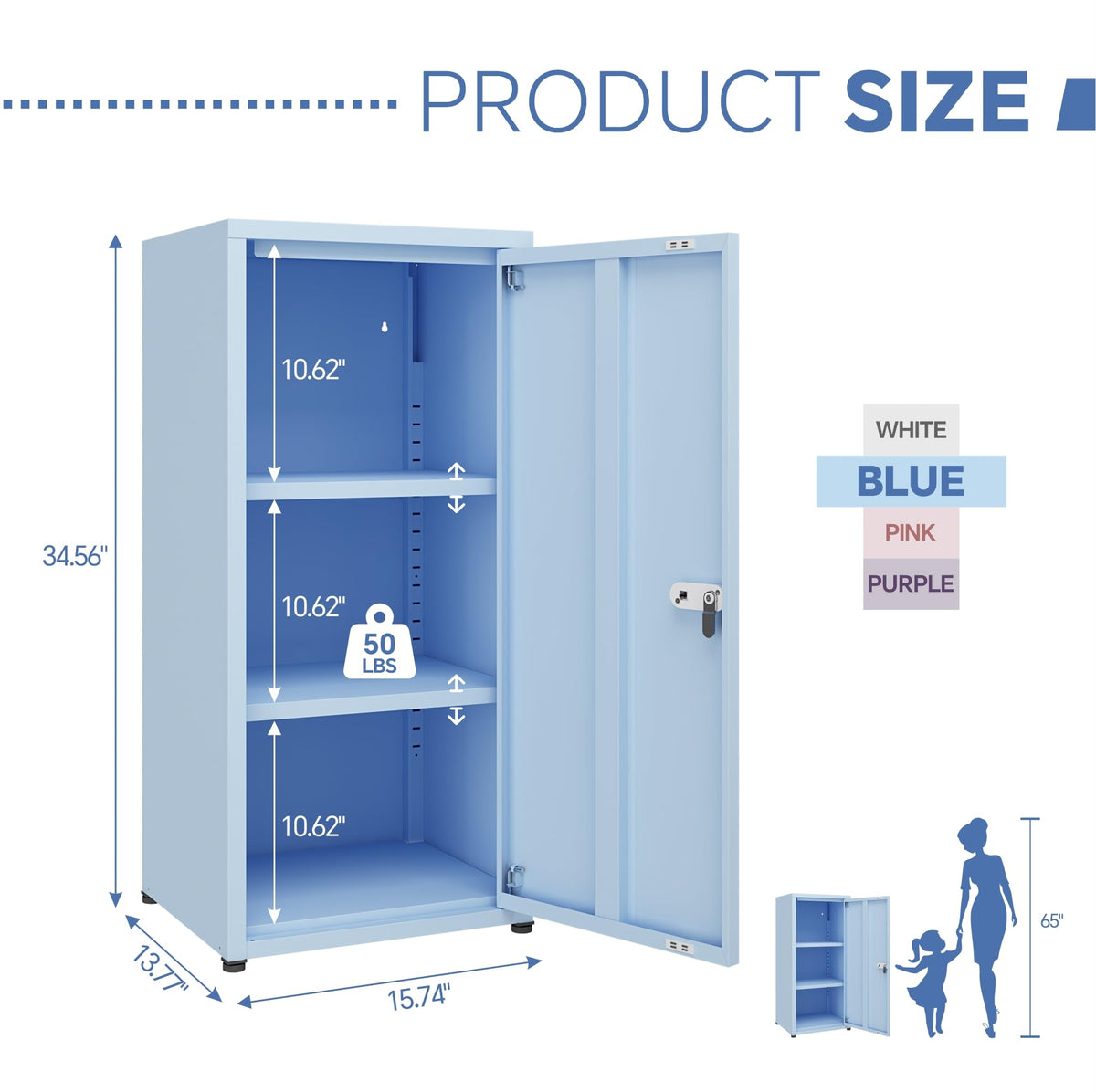 MIOCASA Metal Storage Cabinet with Lock, 3 Adjustable Shelves Single Door Steel Locker for Home, Office & Garage (Blue)