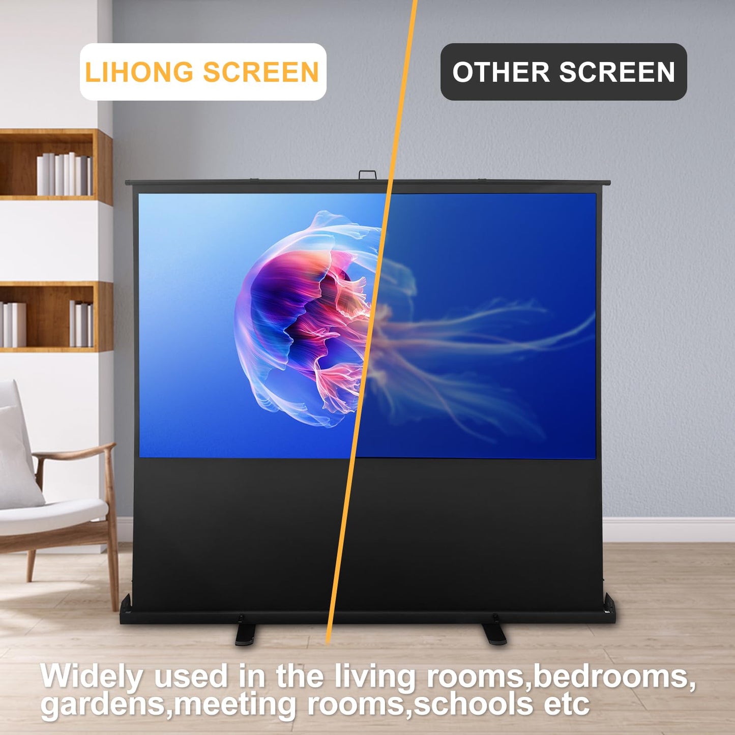 LIHONG Screen 100 inch 16:9 Portable Manual Pull Up Floor Rising Projector Screen Indoor & Outdoor HD Matte White for Long Standard Projection Fast Setup for Home Theater Movies,Classroom,Office