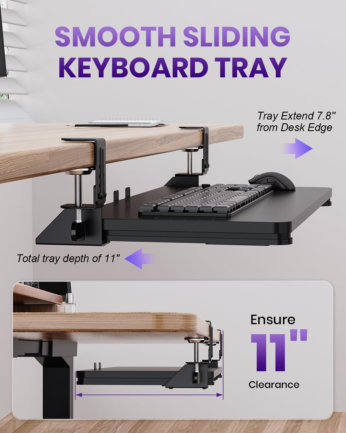 Zontera Ergonomic Keyboard Tray Under Desk, Pull Out with Adjustable C-clamp, 25.6 (31.5 Including Clamps) x 11.8 Inch Slide Out Computer Keyboard Drawer Mouse Tray for Typing, Large & Black