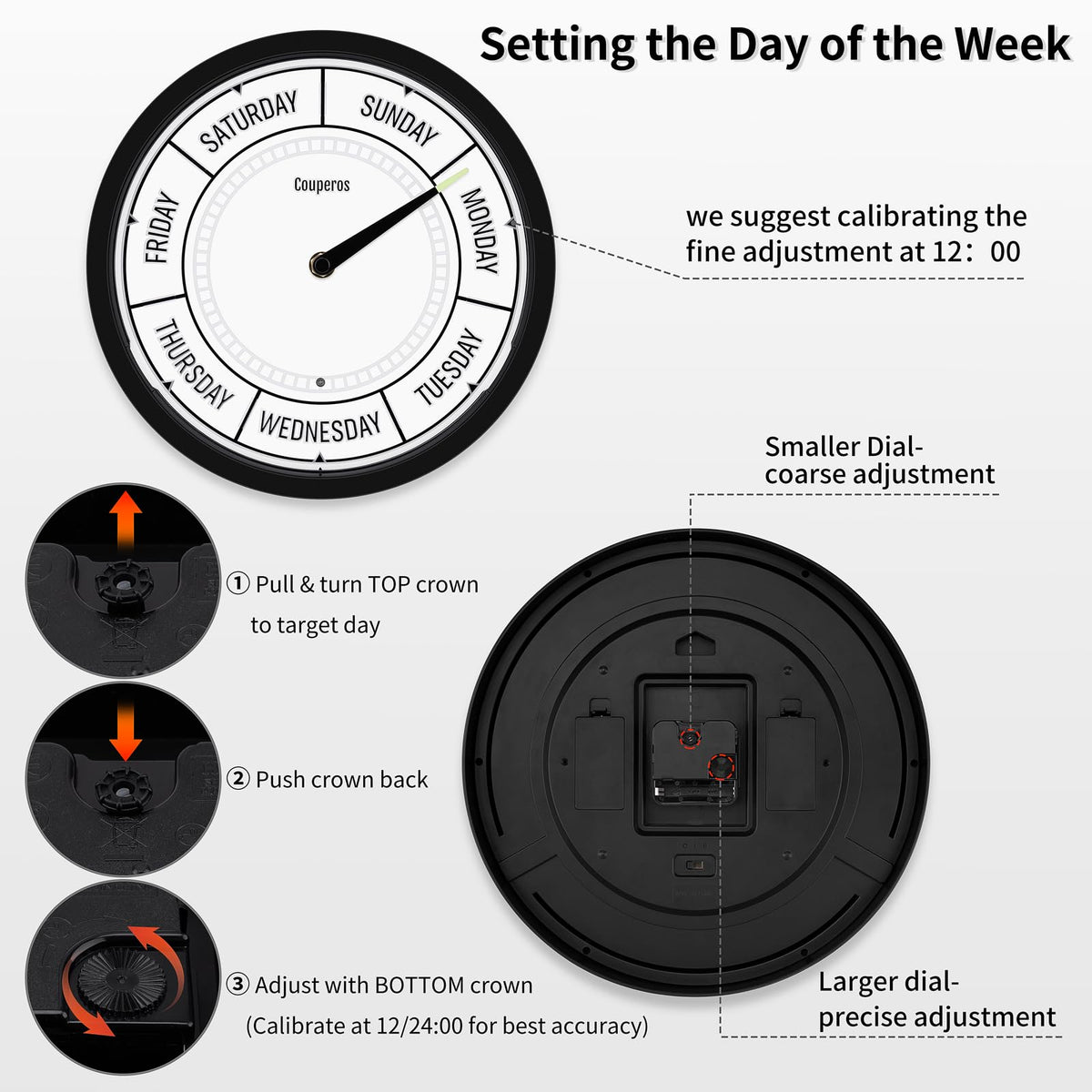 Couperos Day of The Week Wall Clock with Night Light - 12" Analog Silent Non-Ticking Clock with LED Night Light, Calendar Day Clock Perfect for Home, Office, and Retirement Gifts