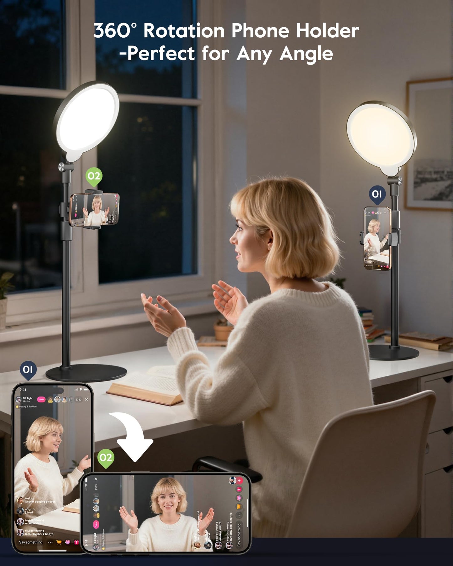 Dimmable Ring Light with Stand for Desk, Adjustable Desk Light for Video Recording, 30 Light Modes Video Conference Lighting, Zoom Lighting for Computer, Webcam, Podcast, Calls, Home Office, CRI 97.8
