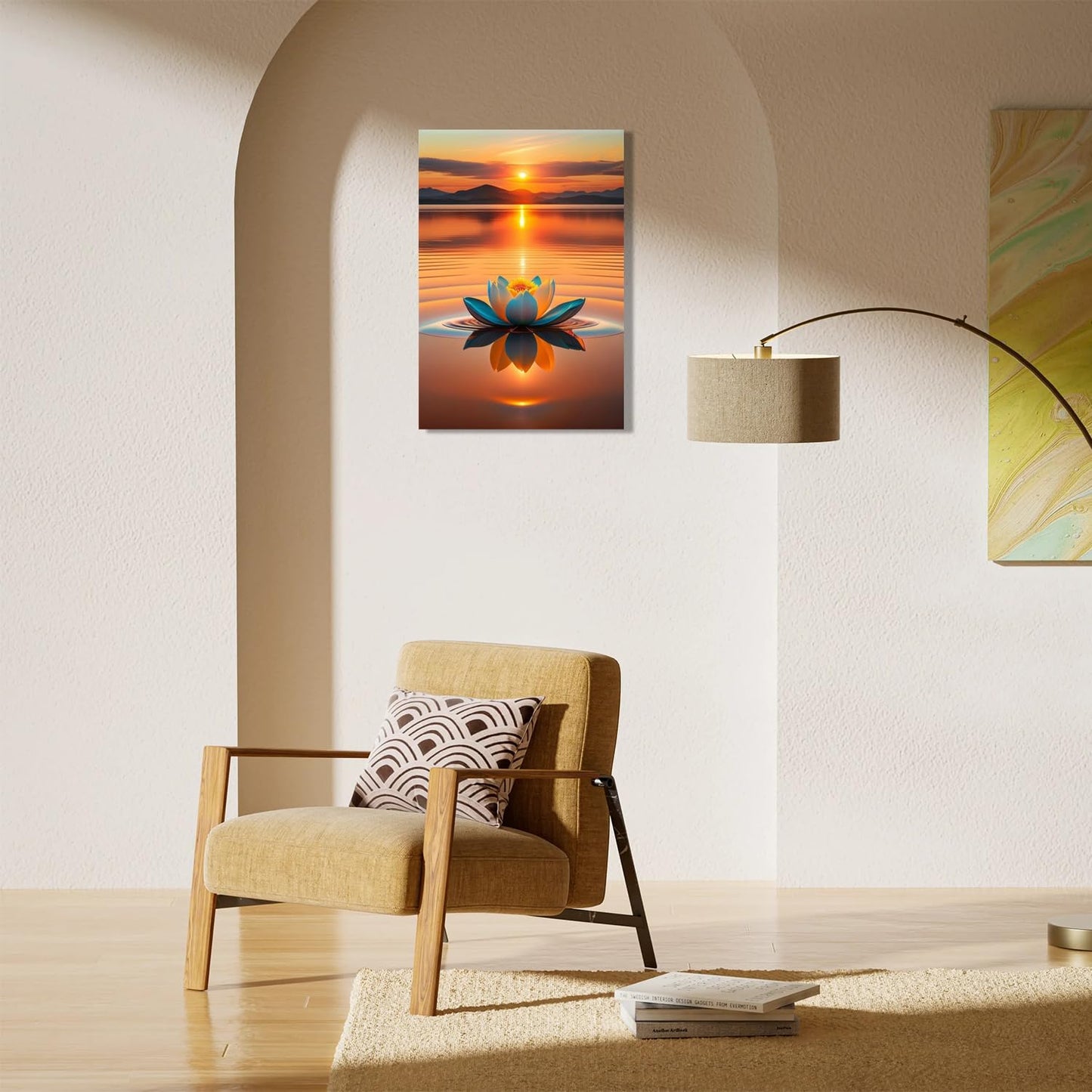 Sunset Lotus Wall Art–Lotus Blooming In The Water,Serene Lake Meditation Canvas Art,Yoga Spa Meditation Room Decor, Modern Spiritual Poster Prints For Zen Office Framed 12"X 16"