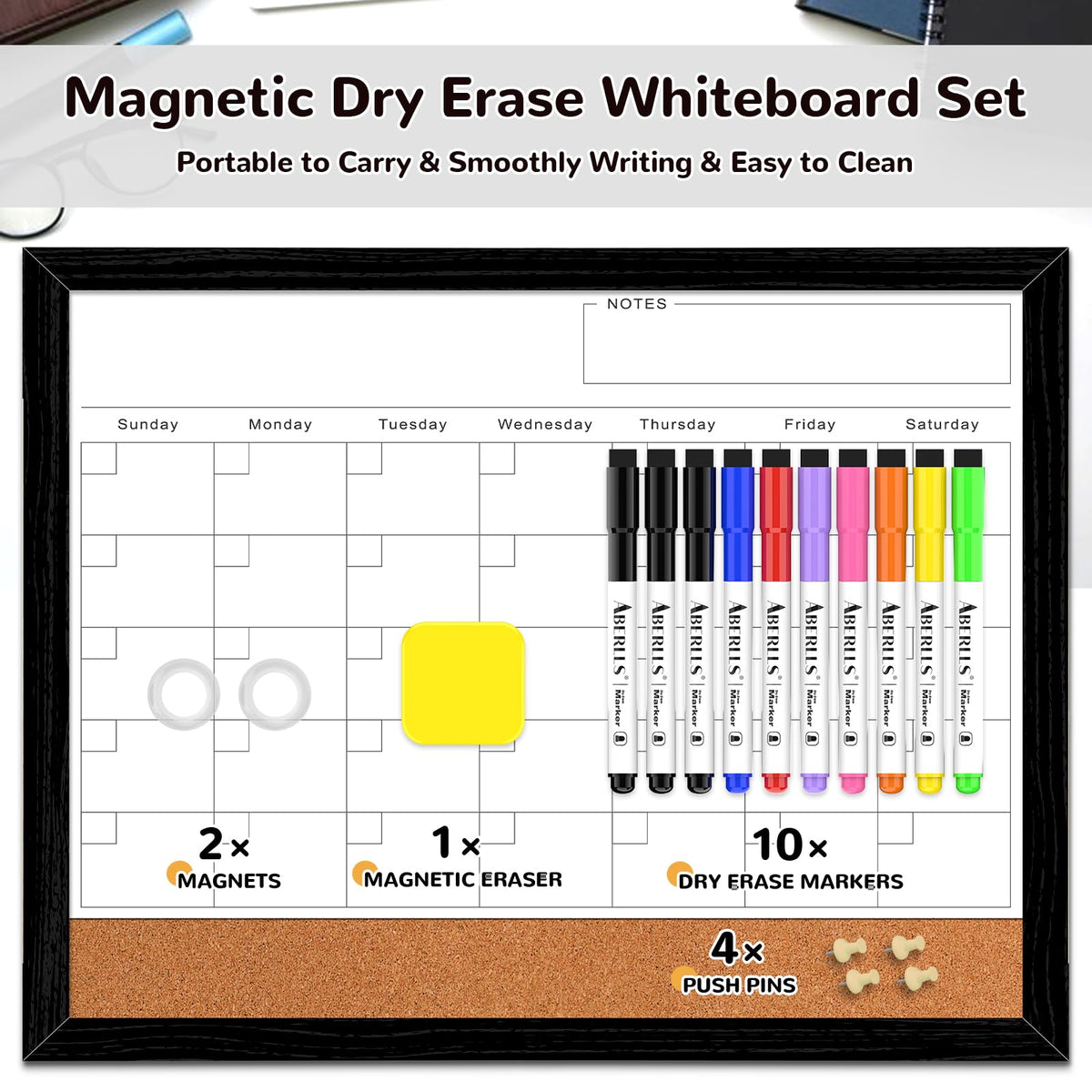 ABERLLS Monthly Calendar Dry Erase Board for Wall, 17''x13'' Whiteboard with Black Wood Framed, Magnetic White Boards, 2in1 White Board Cork Board Combo