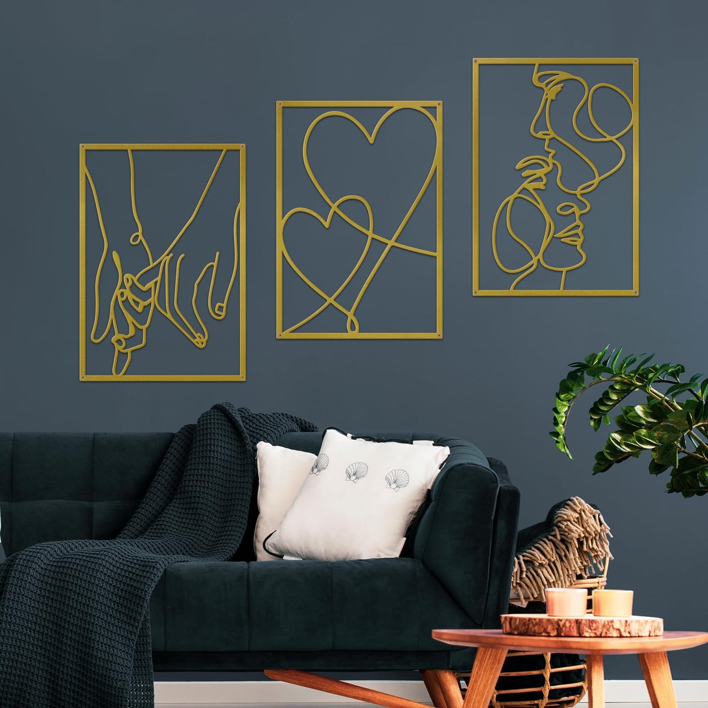 ESTART 3 Pieces Metal Minimalist Line Wall Art, Valentine's Day Lover Kiss Hand Metal Wall Decor, Aesthetic Modern Home Hanging Wall Art Decor for Bedroom Bathroom Living Room (Gold)
