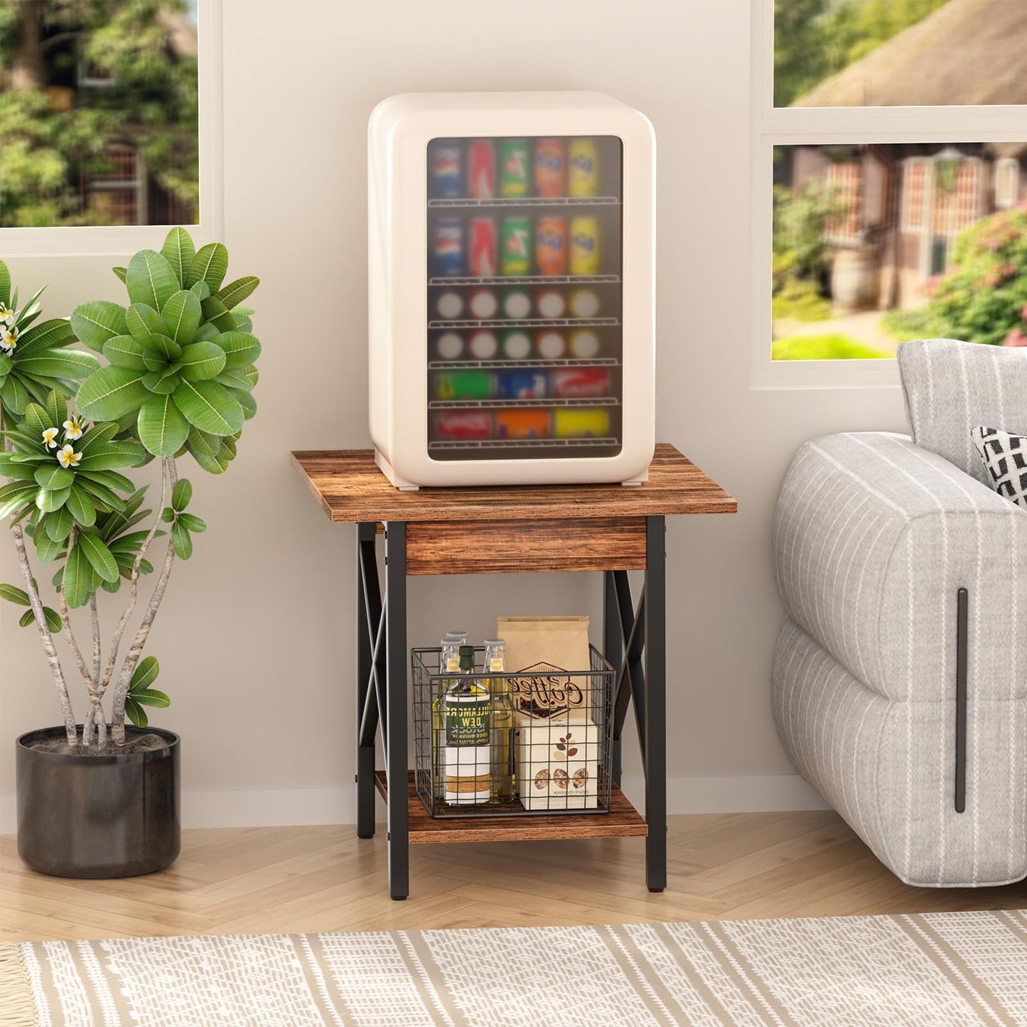 GreenForest End Table 24 inch for Living Room, Large Square Side Tables with X-Frame, Tall Industrial Bedside Nightstand with 2-Tier Storage, Rustic Walnut