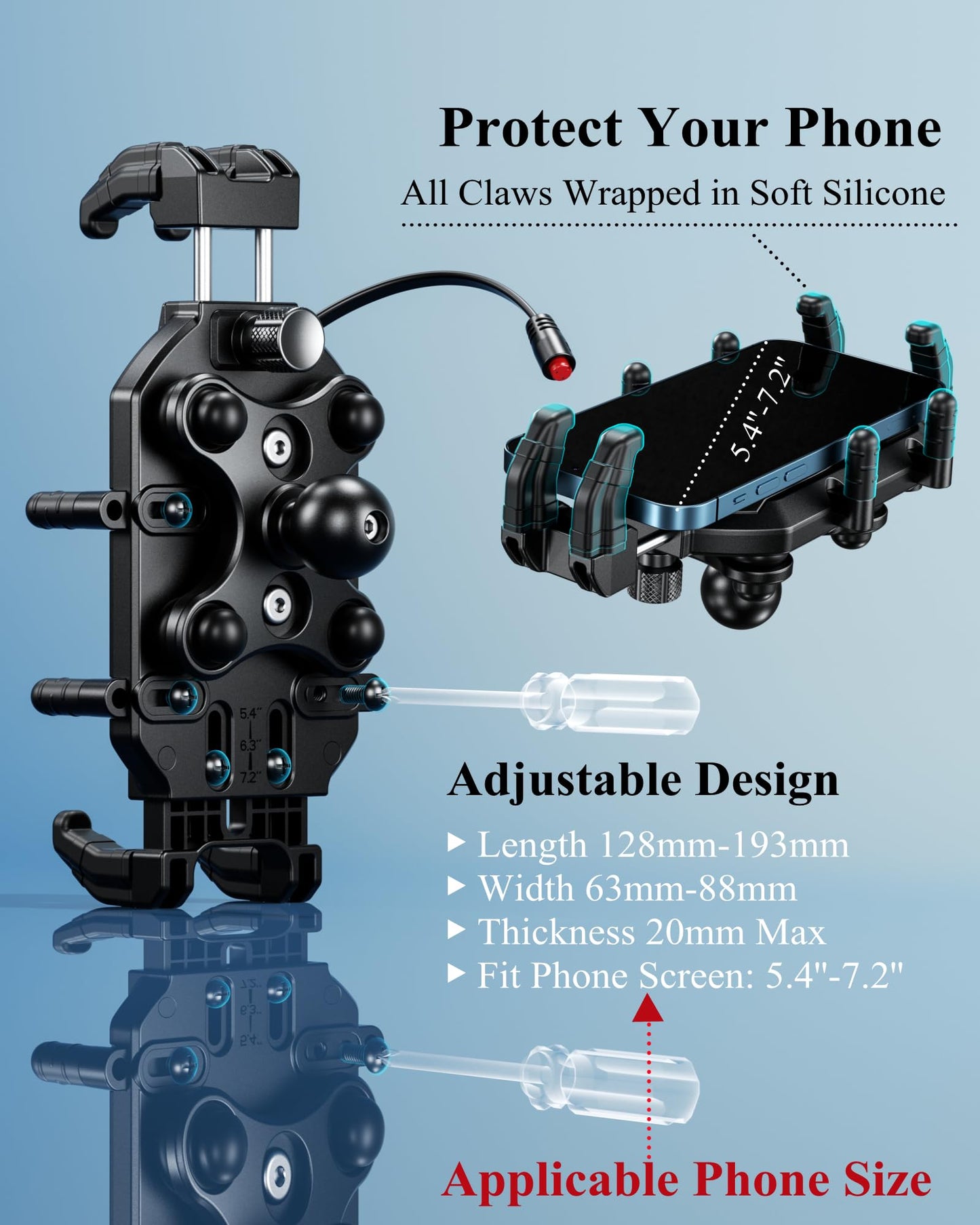 BRCOVAN Motorcycle Phone Mount Holder with Qi 15W Wireless Charger & 30W PD/USB-C Fast Charging Port, Anti-Theft Handlebar Cellphone Cradle with Vibration Dampener, Adjustable for 5.4-7.2'' Smartphone