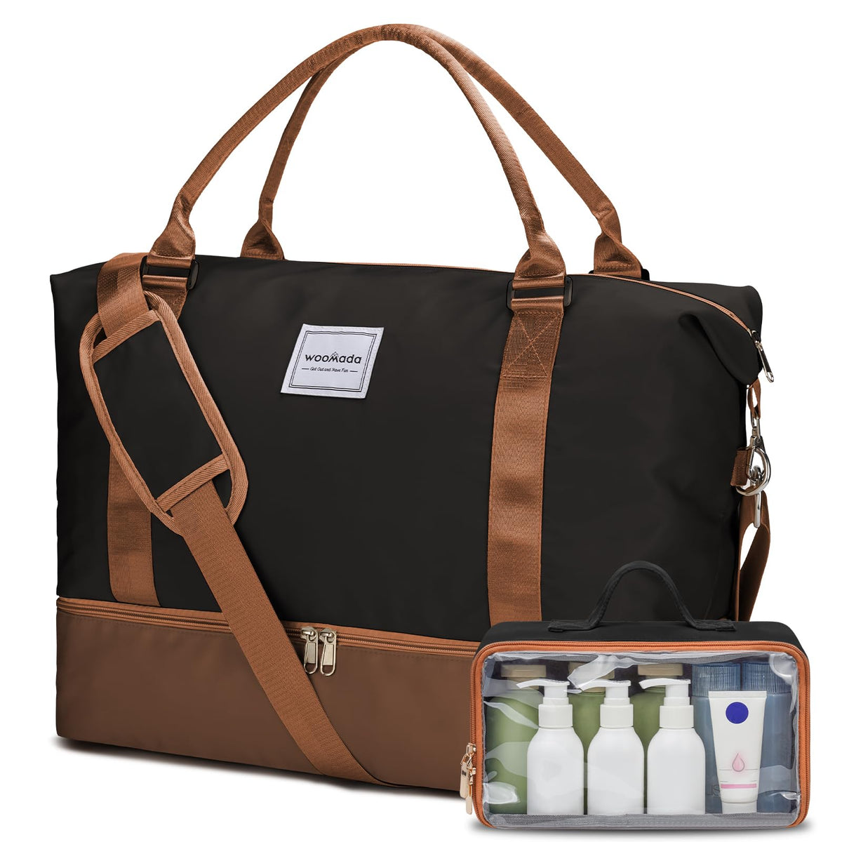 WOOMADA Weekender Overnight Bag for Women, Carry on Shoulder Travel Duffel with Shoes Compartment,Gym Bag with Toiletry Bag(black&coffee&brown)