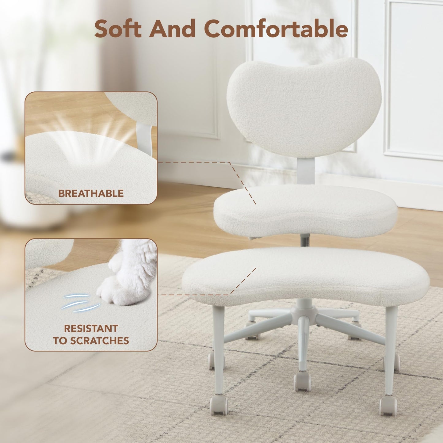 Ergonomic Cross Legged Chair with Wheels,360° Swivel Meditation Chair,ADHD Chair, Criss Cross Desk Chair with Lumbar Support and Adjustable Stool, Flexible Design for Fidgety Sitters, Ivory