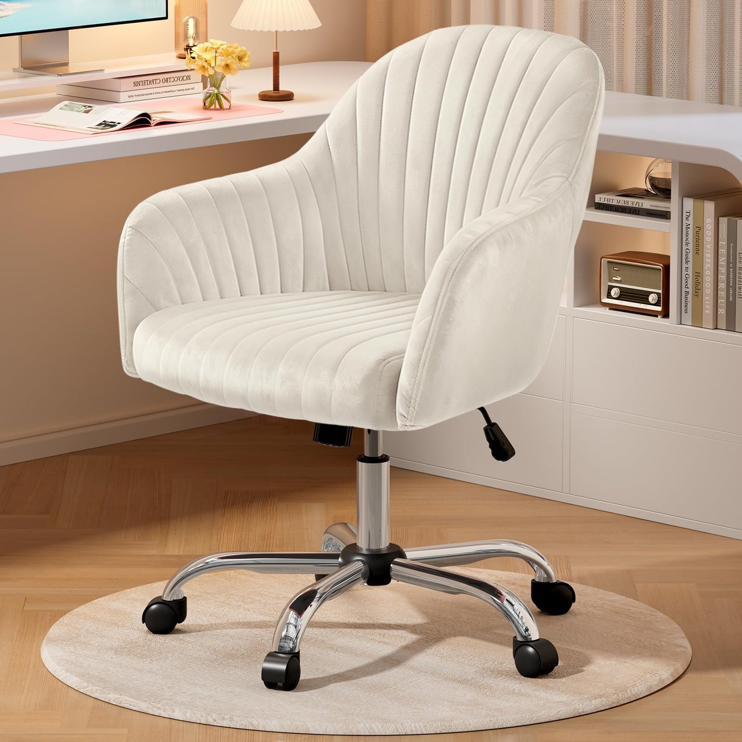 Warmiehomy Velvet Desk Chair for Home Office, Modern Adjustable Swivel Task Chair, Women Vanity Chairs with Arm Rest for Bedroom Dressing Room, Cozy Beige