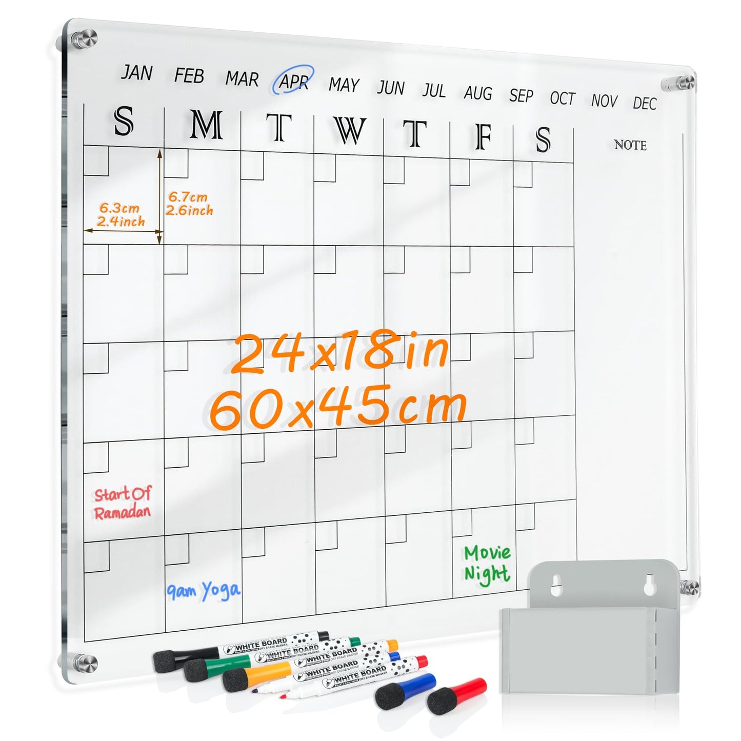 MAKELLO Acrylic Calendar for Wall 24" x 18", Clear Dry Erase Calendar for Office, School, Home, Bedroom, 4 Pens, Pen Holder, Wall-Mount Screws