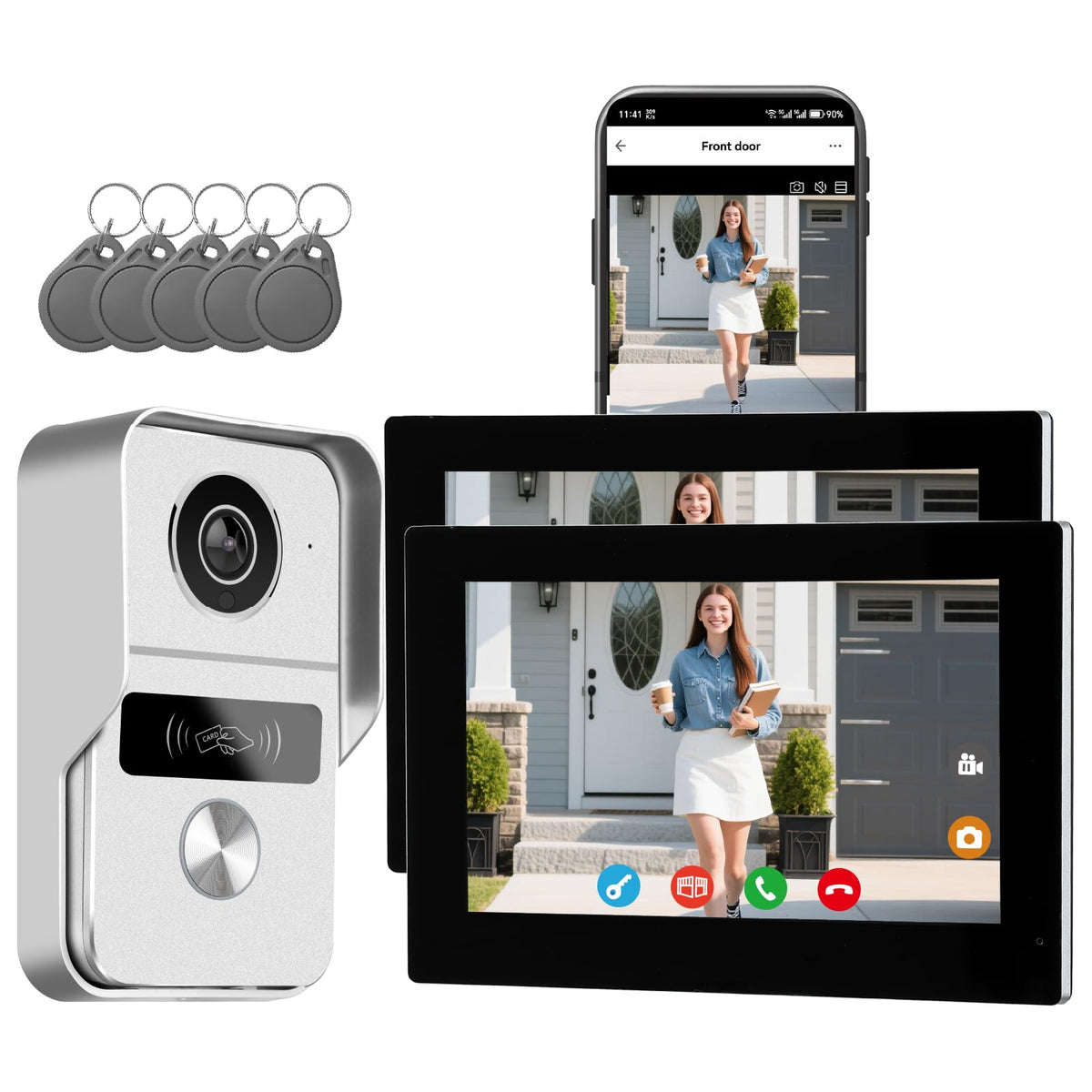 Wired Video Doorbell Apartment Intercom System, 1080P Doorbell Camera, 7-inch Touch Screen, Night Vision, Remote Unlock, Two-Way Intercom for Villa, Home, Office, with 1 Camera and 2 Monitors