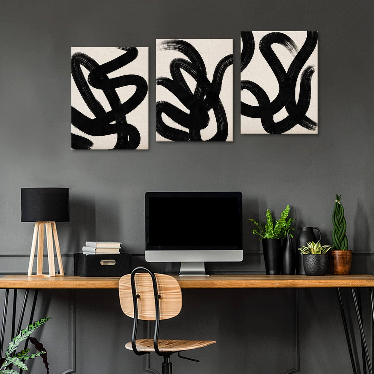 arteWOODS Wall Art Canvas Set Abstract Lines Pictures Modern Mid Century Boho Wall Decor Minimalist Abstract Black Stroke Lines Canvas Painting Artwork Living Room Bedroom Home Office 12"x16" Set of 3