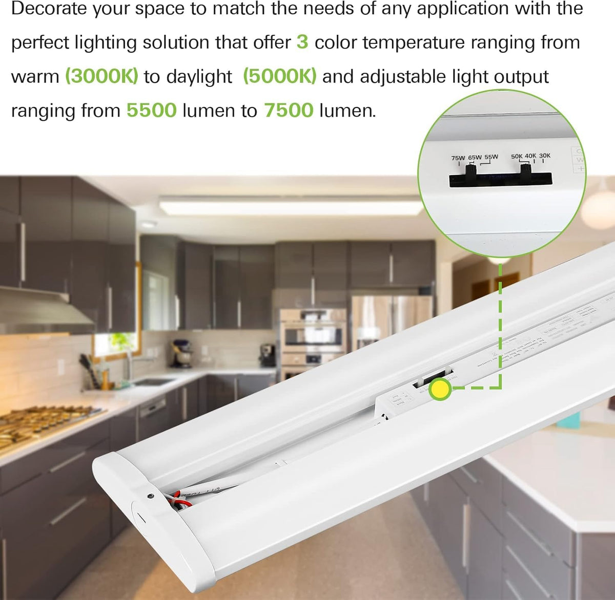 hykolity 4FT LED Wraparound Light with 3 Wattages/3 Lumens/3 CCT Selectable, 55W/65W/75W, 5500lm/6500lm/7500lm, 3000K/4000K/5000K Flush Mount Ceiling Light for Office Kitchen, ETL, 4 Pack