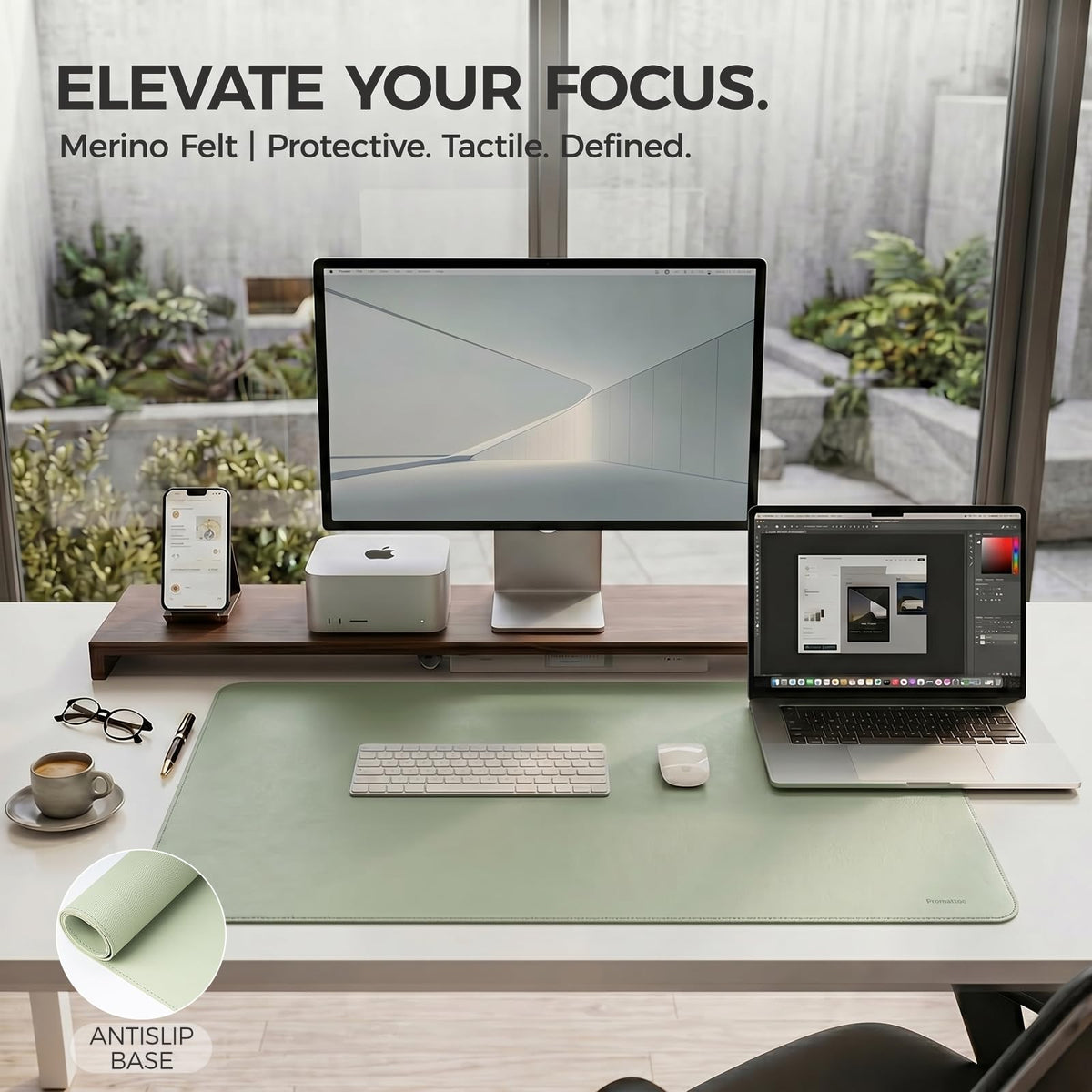 PROMATTOO Large Desk Pad Non-Slip Desk Mat Protector for Keyboard Mouse Waterproof Vegan Leather Surface Faux Leather Laptop Mat Smooth Mouse Pad Premium Gift Tube Matcha Green 35" x 17"
