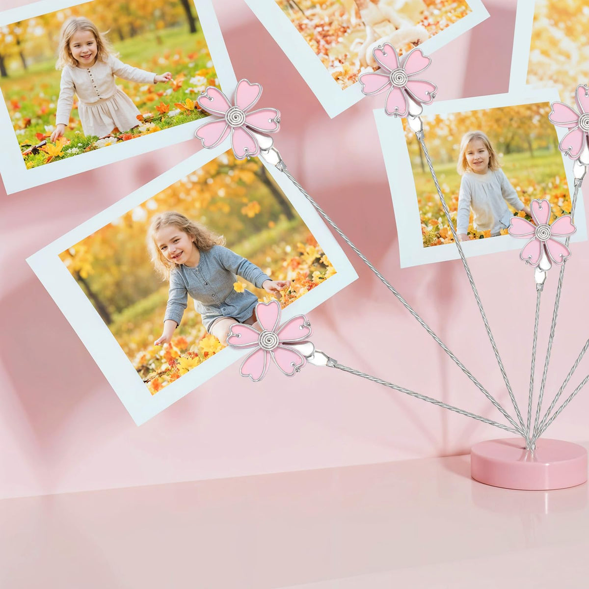 8 Branch Photo Tree Holder, Pink Cherry Blossom Gift Card Display Stand with Clips for Pictures, Memo Notes, Office Home Desk Décor
