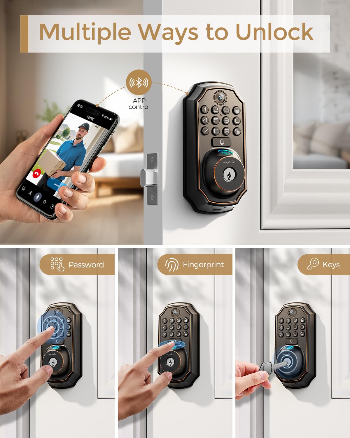 WiFi Video Smart Lock with Camera -Keyless Entry Deadbolt, 5-in-1 (Camera+Doorbell+Fingerprint+Keypad), App Control, Two-Way Audio, Waterproof, Easy Installation