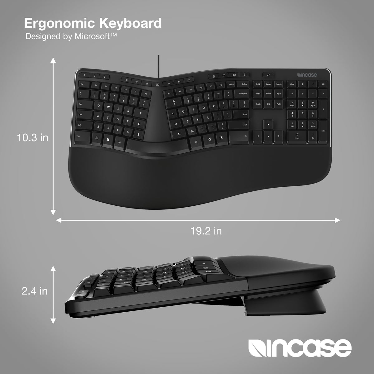 Incase Ergonomic Keyboard – Designed by Microsoft – Refined Ergonomic Design, Built-in Shortcuts Keys, Layered Palm Rest for Elevated Wrist Support, Integrated Number Pad – Black