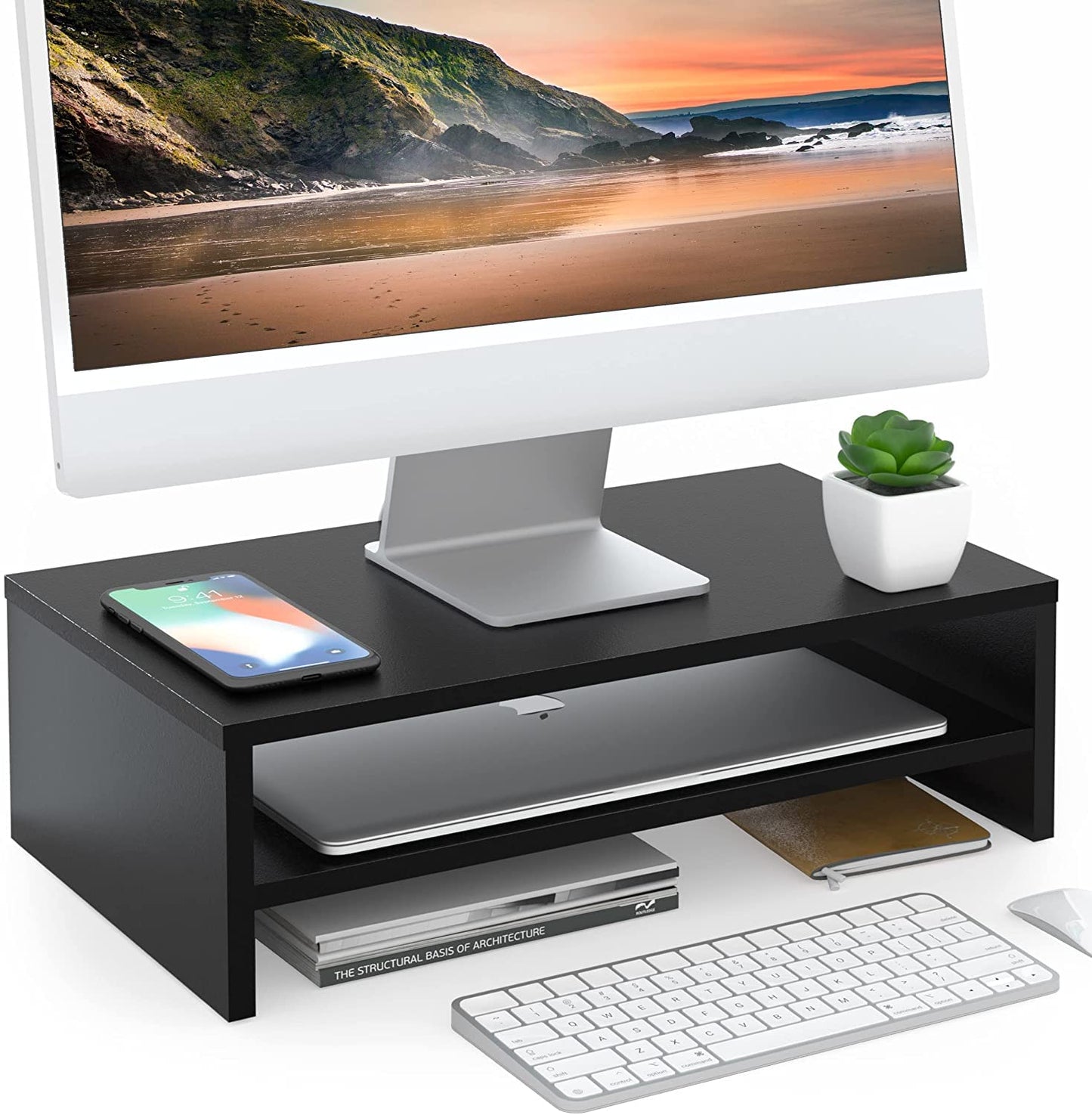 FITUEYES Monitor Stand - 2 Tier Computer Monitor Riser Shelf, Wood Desktop Stand for Laptop Computer Screen, Desk Organization, Office Supplies
